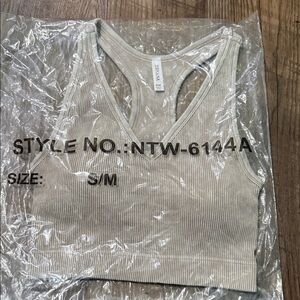 Zenana Beige Ribbed V-Neck Racerback Crop Padded Brami Top - S/M